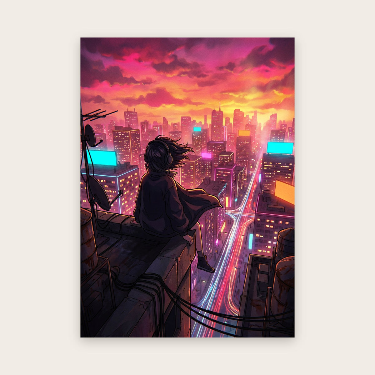 Tableau style manga : silhouette au casque assise sur un toit, face à une mégapole aux néons sous un ciel rose et orange