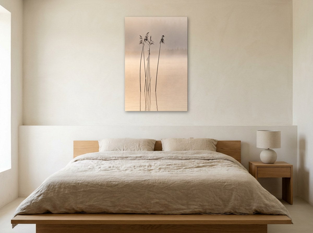 Mise en situation : toile « Roseaux dans la brume » au-dessus d'un lit en lin beige, dans une chambre aux murs crème