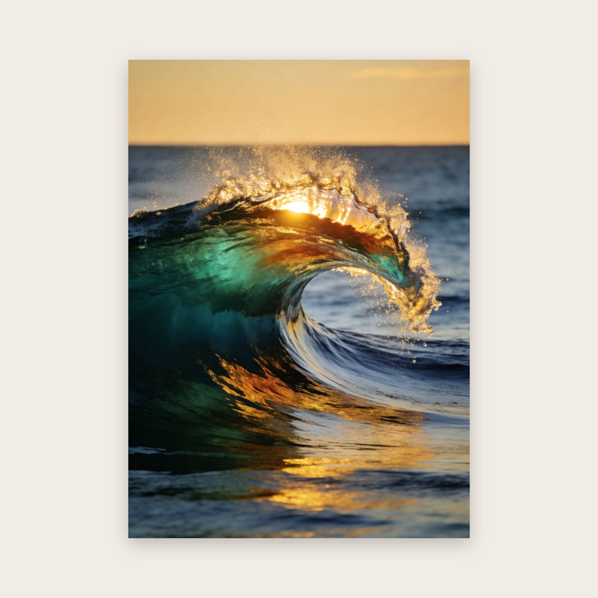 Affiche vague au coucher du soleil : rouleau émeraude dont la crête, traversée par le soleil, brille d'or au-dessus d'une mer bleu sombre