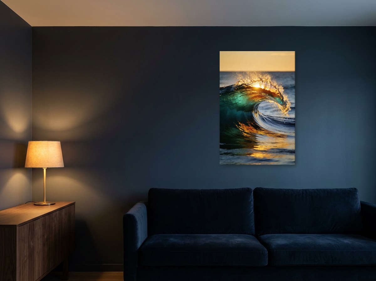Mise en situation : toile « Rouleau d'or au soleil couchant » au-dessus d'un canapé en velours bleu marine, sur un mur bleu nuit éclairé par une lampe