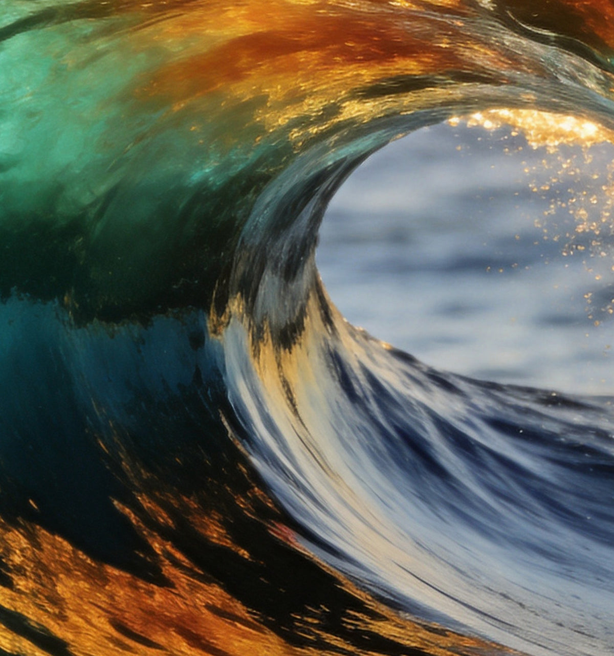Détail : l'intérieur du rouleau, paroi émeraude et reflets ambrés autour du creux de la vague