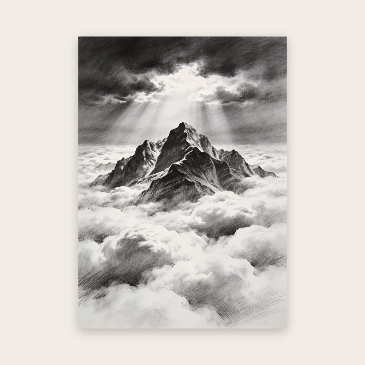 Affiche dessin au graphite : pic montagneux émergeant d’une mer de nuages sous des rayons de lumière, noir et blanc