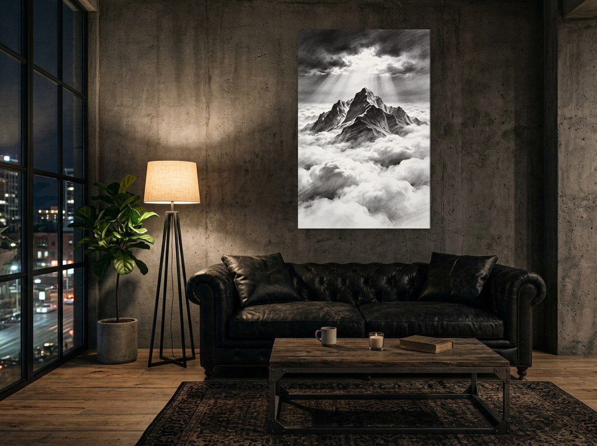 Mise en situation : toile « Sommets au graphite » sur le mur de béton d'un loft, au-dessus d'un canapé chesterfield en cuir noir