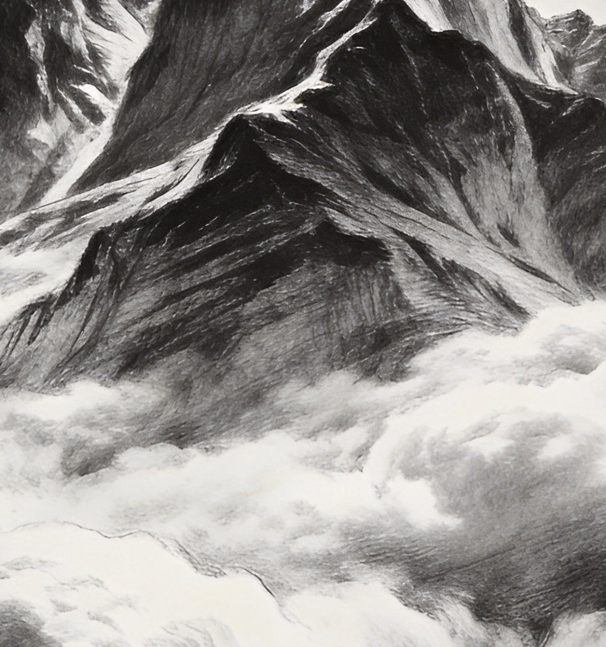 Détail de « Sommets au graphite » : les hachures de la roche et les nuages estompés