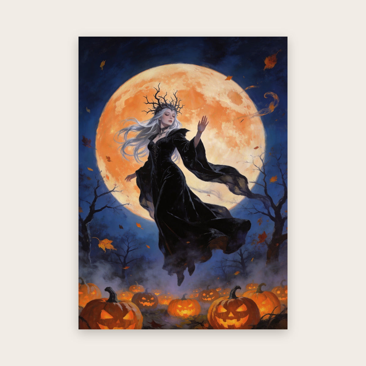 Tableau Halloween : sorcière aux cheveux argentés en lévitation devant une immense lune orange, au-dessus d’un champ de citrouilles illuminées