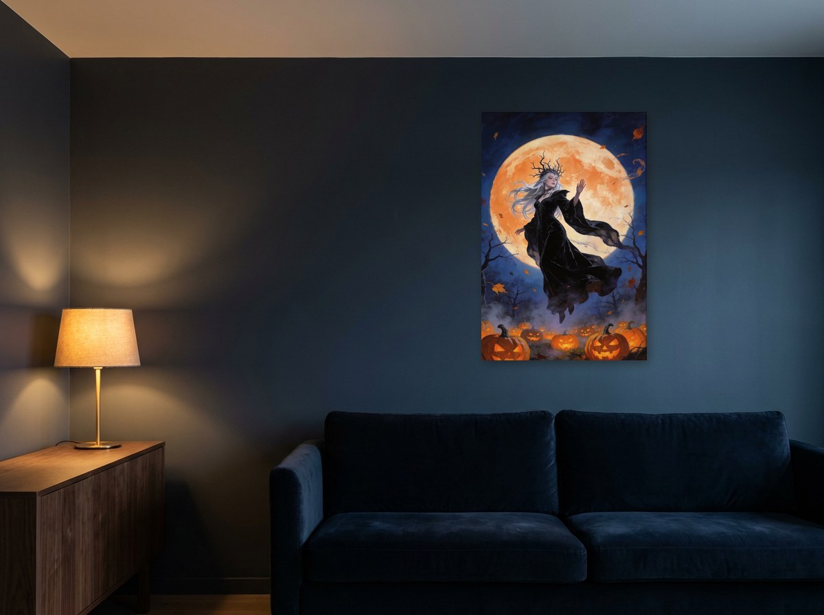 Mise en situation : toile « La Sorcière de minuit » au-dessus d'un canapé en velours bleu marine, sur un mur bleu nuit éclairé par une lampe