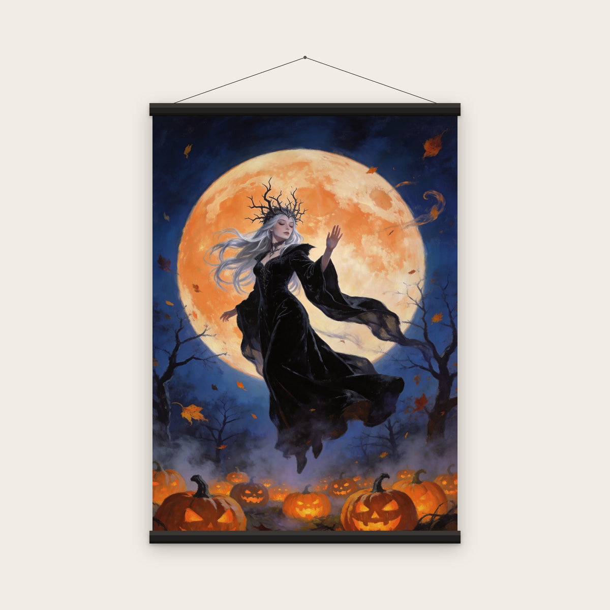 La Sorcière de minuit : affiche prête à accrocher avec baguettes magnétiques en bois noir (rendu illustratif)