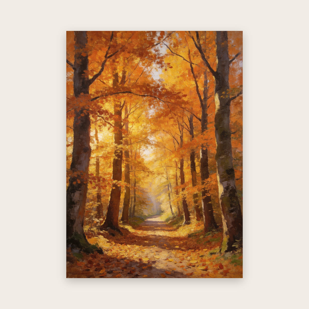 Affiche peinture à l’huile : chemin forestier entre des hêtres orange et or, tapis de feuilles mortes, trouée de lumière