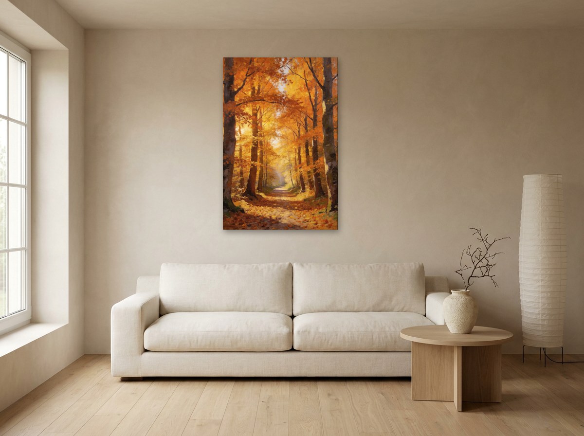 Mise en situation : toile « Sous-bois d’automne » au-dessus d'un canapé écru, sur le mur beige d'un salon japandi