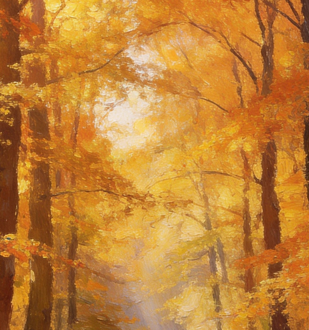 Détail de « Sous-bois d’automne » : les touches épaisses au couteau dans le feuillage