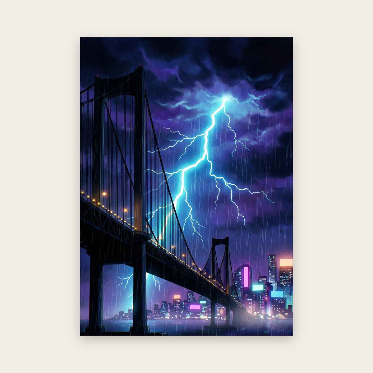 Tableau anime japonais : pont suspendu sous l'orage, éclair cyan, pluie battante et mégapole aux néons magenta la nuit