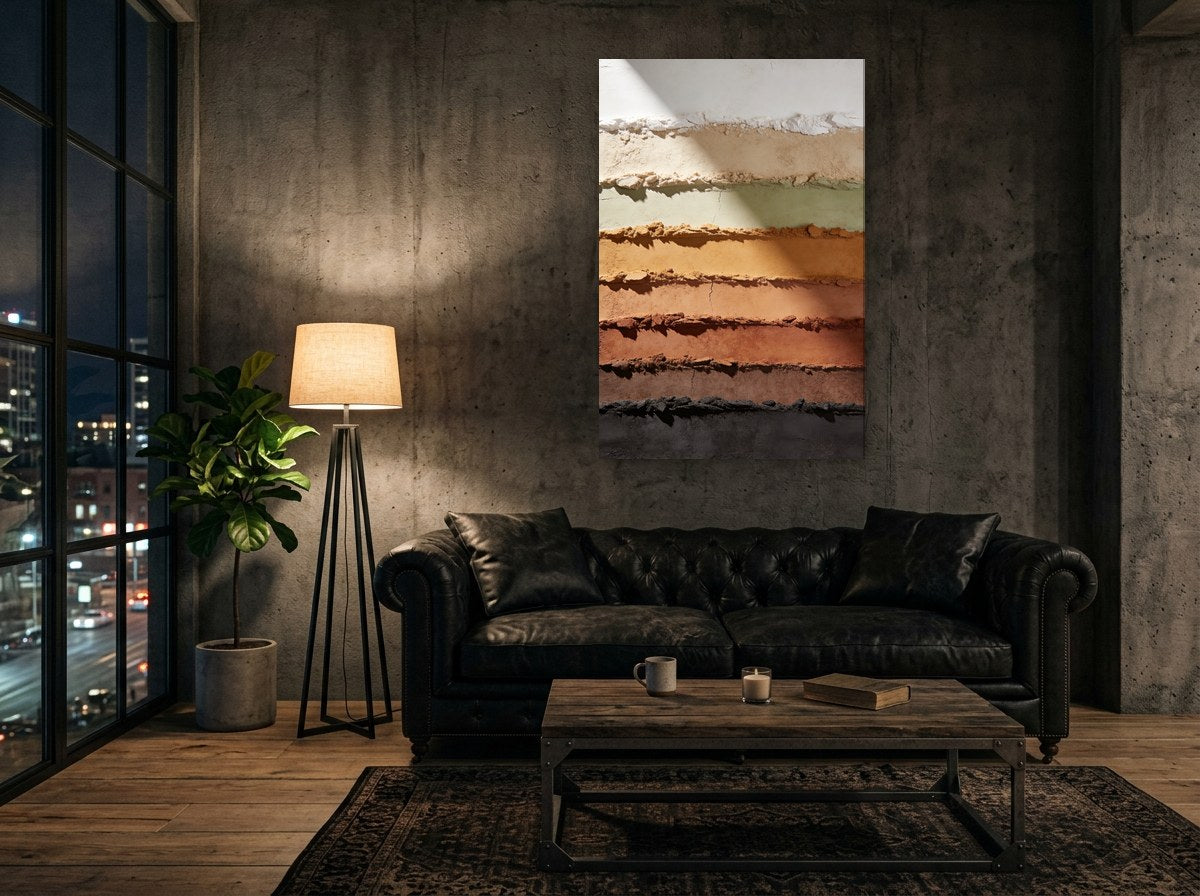 Mise en situation : toile « Strates de terre » sur le mur de béton d'un loft, au-dessus d'un canapé chesterfield en cuir noir