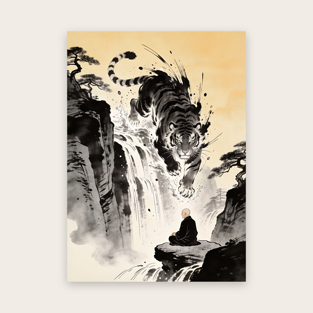 Affiche style manga à l'encre : tigre géant fait de coups de pinceau surgissant d'une cascade au-dessus d'un moine en méditation, ciel ambré