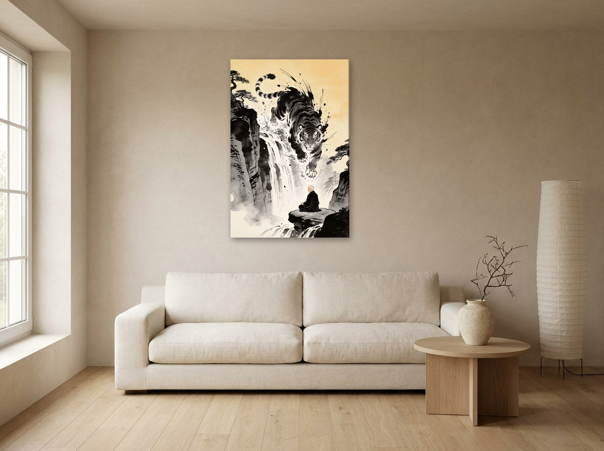 Mise en situation : toile du tigre de la cascade sur le mur beige d'un salon japandi, au-dessus d'un canapé blanc