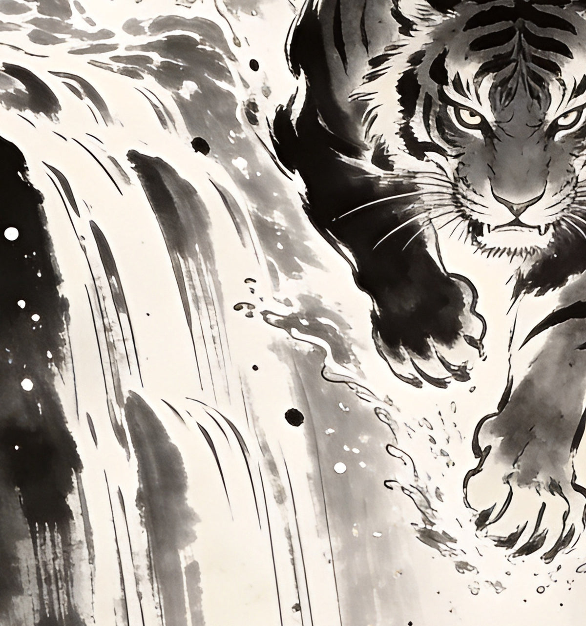 Détail : la tête du tigre d'encre et les gouttelettes de la cascade