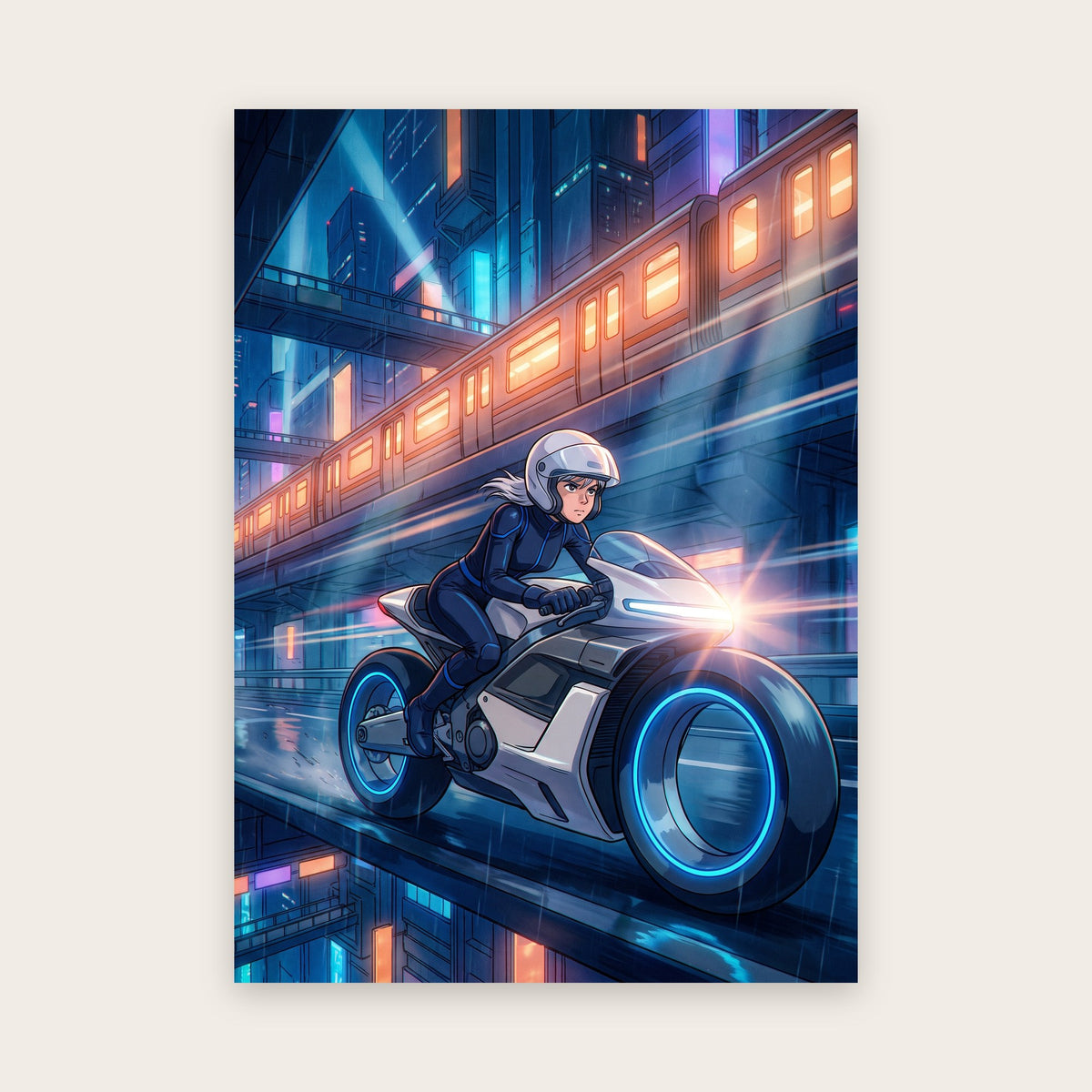 Tableau anime : motarde au casque blanc sur une moto futuriste sous la pluie, longeant un métro aérien aux fenêtres orange