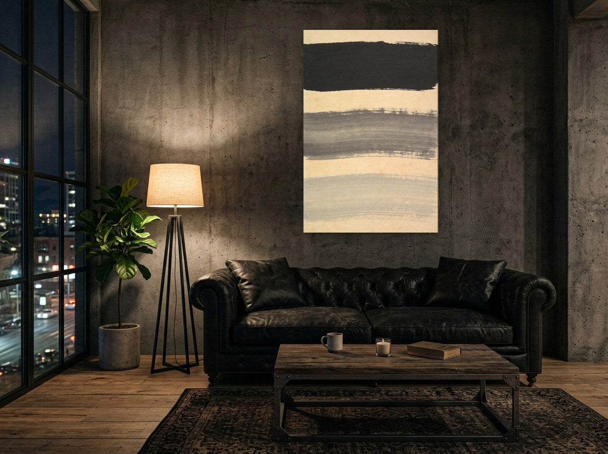 Mise en situation : toile « Trois traits d’encre » sur le mur de béton d'un loft, au-dessus d'un canapé chesterfield en cuir noir