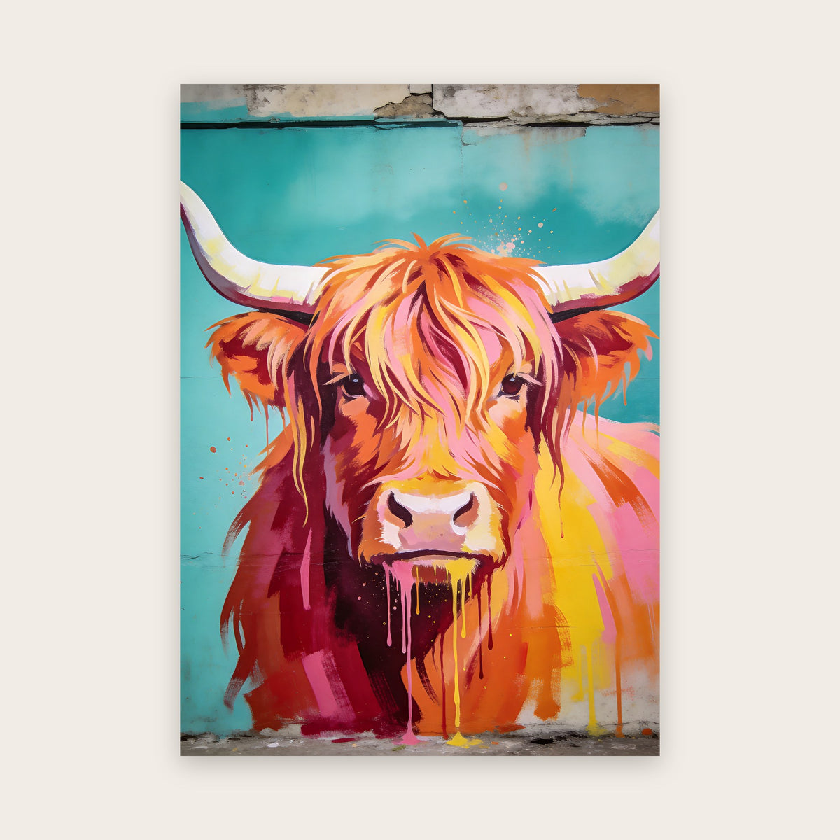 Affiche street art : vache des Highlands de face, pelage en traits orange, rose et jaune, longues cornes crème sur un mur turquoise