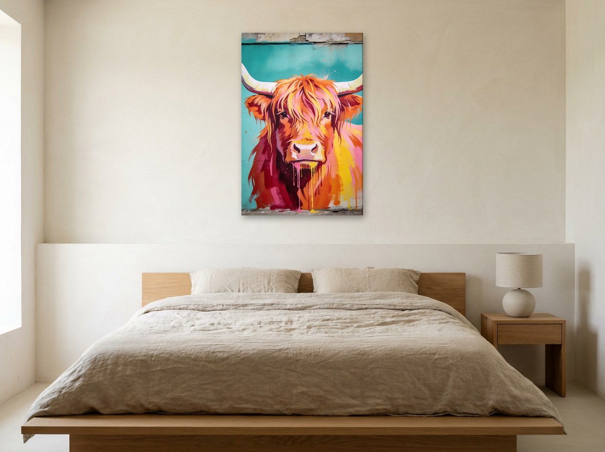 Mise en situation : toile de la vache des Highlands au-dessus d'un lit en bois clair au linge de lin beige, sur le mur crème d'une chambre