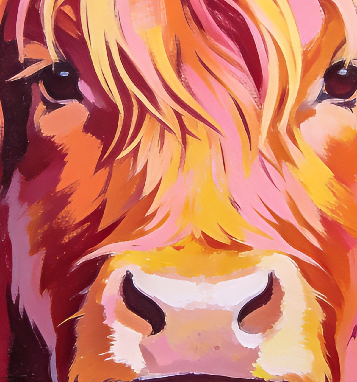 Détail : yeux et mufle rose de la vache des Highlands sous une frange orange, rose et jaune
