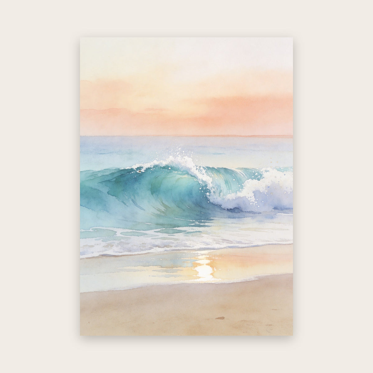Affiche vague à l'aquarelle : vague turquoise à l'aube roulant vers une plage de sable clair, ciel pêche et abricot