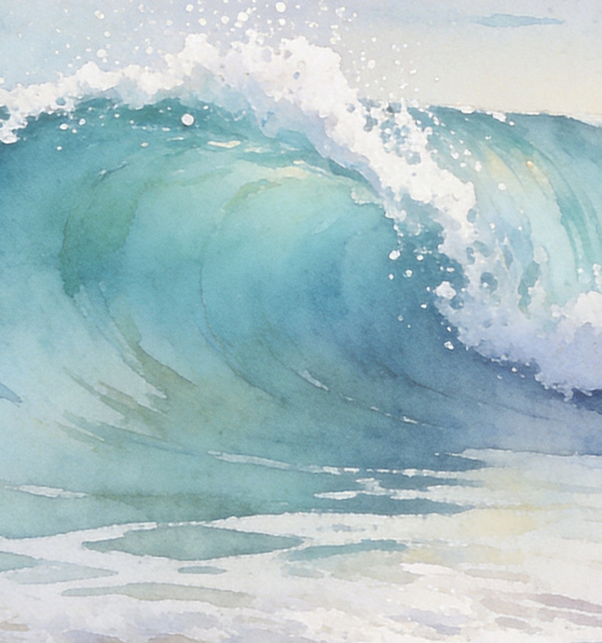 Détail : la vague turquoise et sa crête d'écume blanche, en lavis transparents