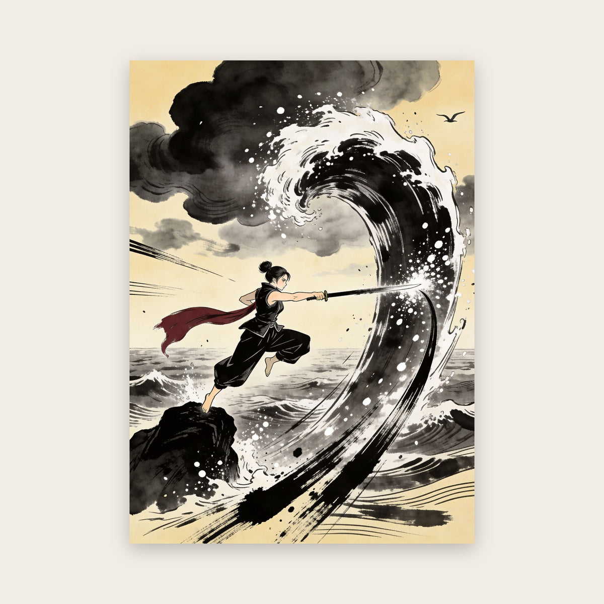 Affiche style manga : sabreuse s'élançant d'un rocher noir pour fendre une vague géante d'un coup de sabre, ceinture rouge au vent