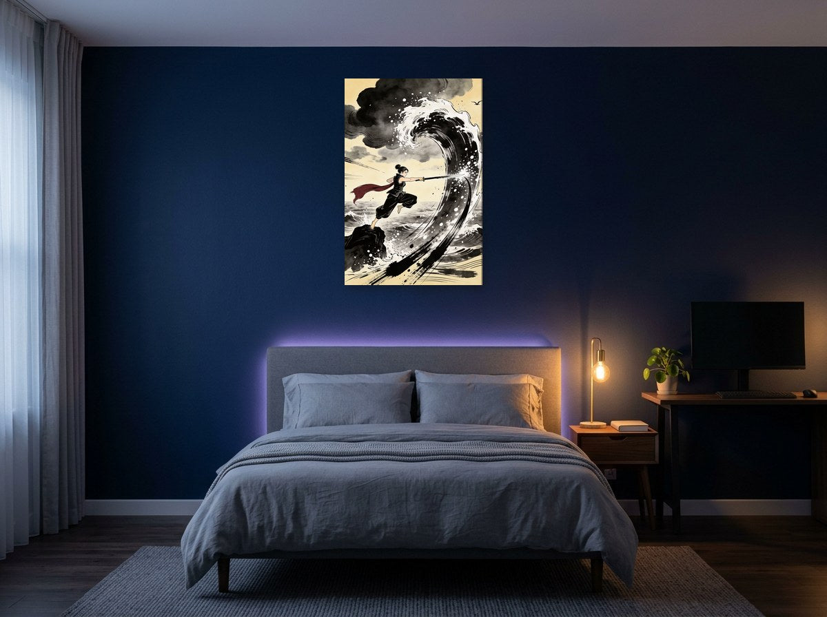 Mise en situation : toile de la sabreuse et de la vague au-dessus d'un lit au linge gris-bleu, sur le mur bleu nuit d'une chambre