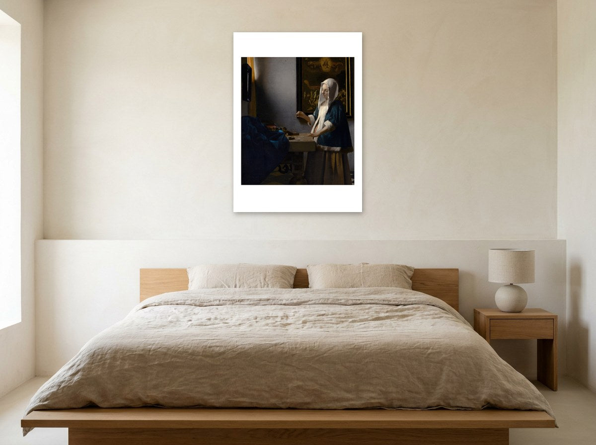 Mise en situation : affiche La Femme à la balance au mur crème d'une chambre, au-dessus d'un lit en bois clair