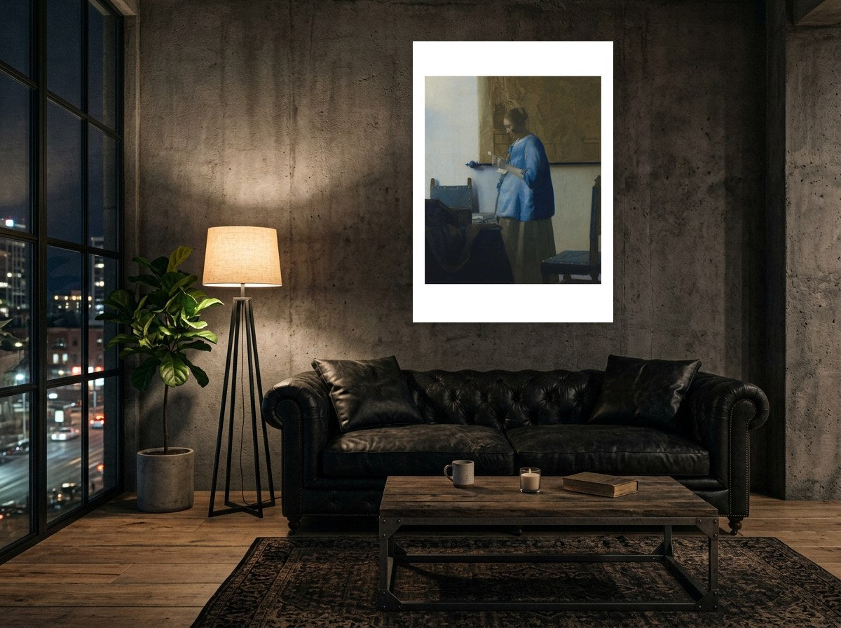 Mise en situation : affiche La Femme en bleu lisant une lettre au mur de béton d'un loft, au-dessus d'un canapé en cuir noir
