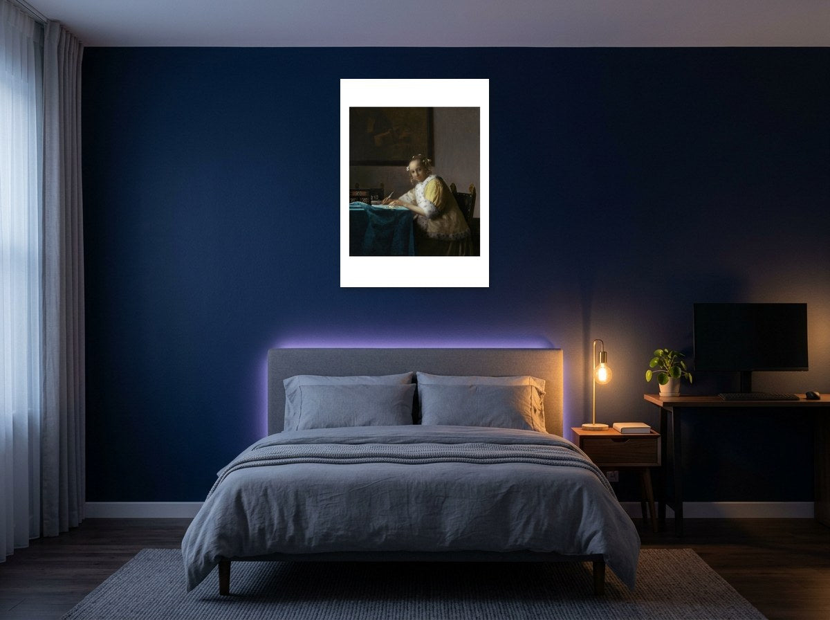 Mise en situation : affiche Jeune Femme écrivant une lettre au mur bleu nuit d'une chambre, au-dessus du lit