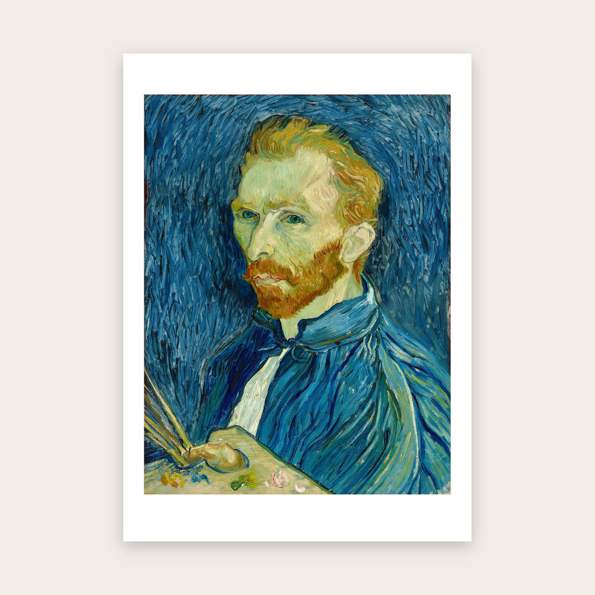 Affiche Autoportrait avec palette d'après Van Gogh : barbe rousse, blouse bleue, palette en main, fond bleu, marge blanche