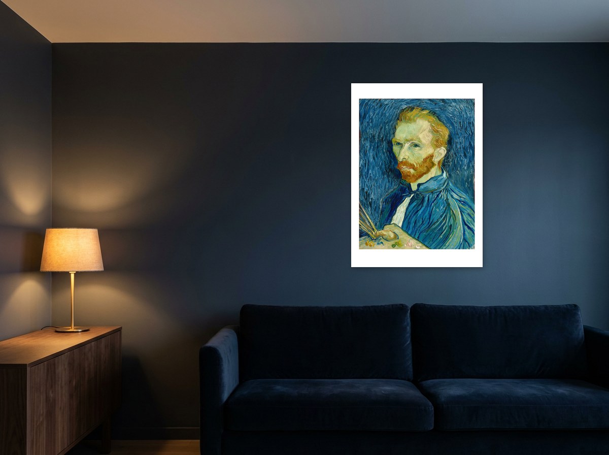 Mise en situation : affiche Autoportrait avec palette au mur bleu nuit d'un salon, au-dessus d'un canapé en velours marine