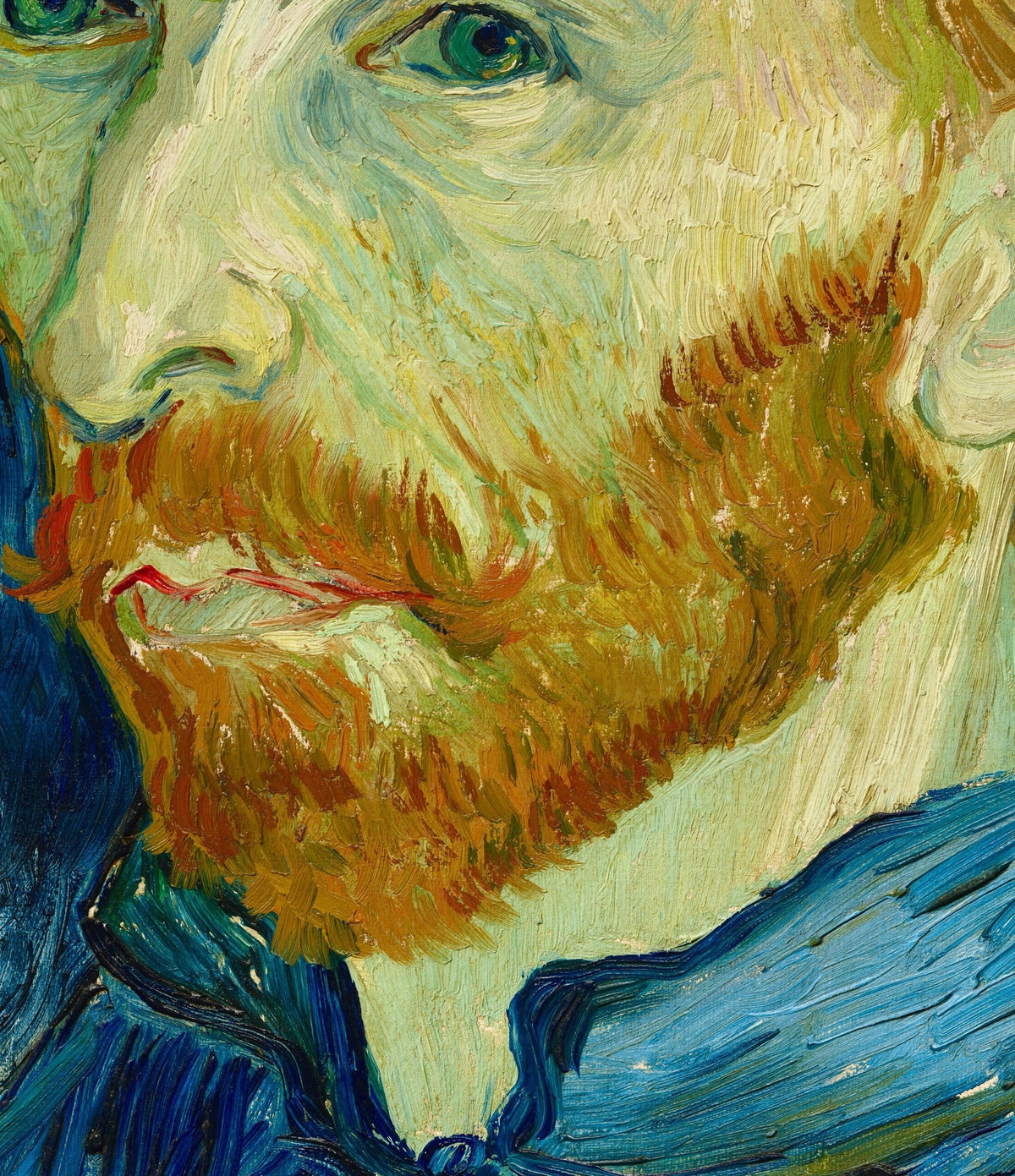 Détail d'Autoportrait avec palette (Van Gogh) : œil vert, moustache et barbe rousses en touches vives, col bleu