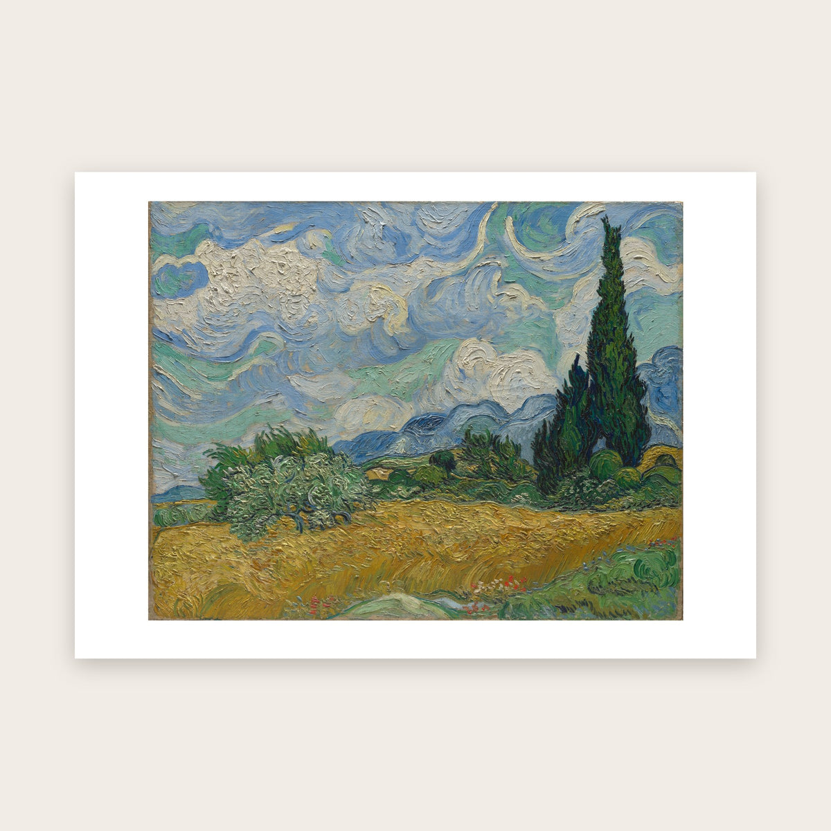 Affiche Champ de blé avec cyprès d'après Van Gogh : blé doré, deux cyprès sombres, ciel en volutes, marge blanche