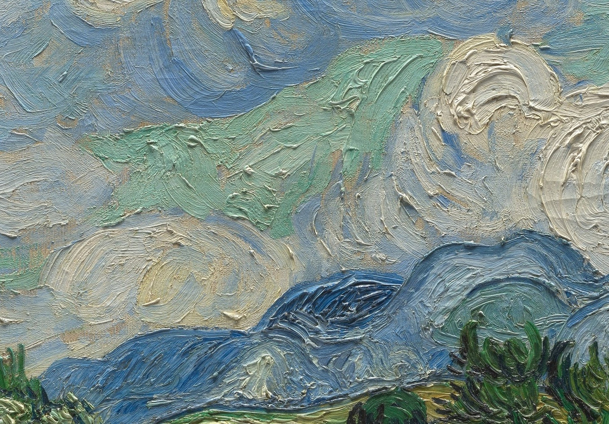 Détail de Champ de blé avec cyprès (Van Gogh) : nuages en volutes épaisses, blancs, bleus et vert d'eau, collines bleues