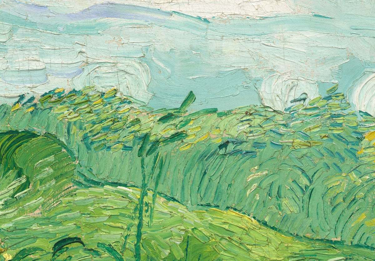 Détail de Champs de blé vert à Auvers (Van Gogh) : épis verts en touches épaisses sous un ciel turquoise et blanc