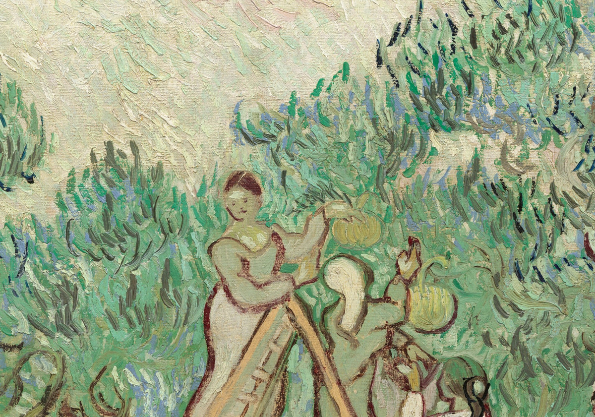 Détail de La Cueillette des olives (Van Gogh) : deux cueilleuses près de l'escabeau, dans le feuillage vert des oliviers