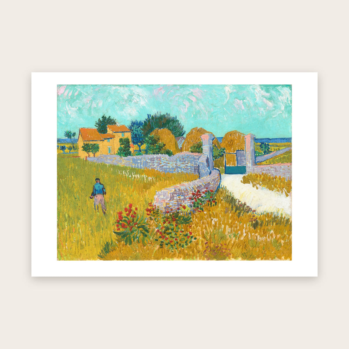 Affiche Ferme en Provence d'après Van Gogh : maison aux toits orangés, meules de foin, mur bleuté, champ doré, marge blanche