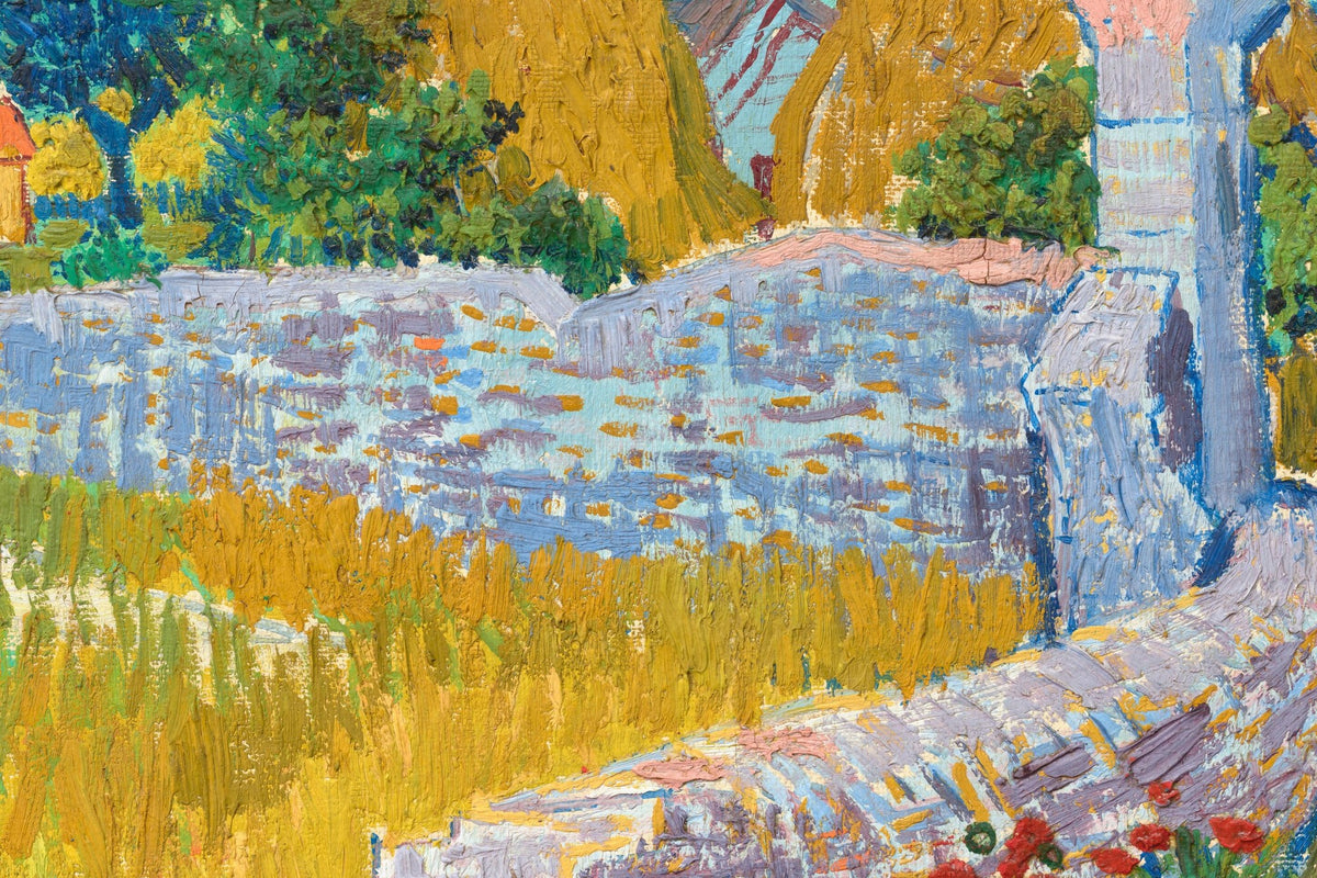 Détail de Ferme en Provence (Van Gogh) : mur de pierres bleu lavande, meules de foin dorées et herbes hautes