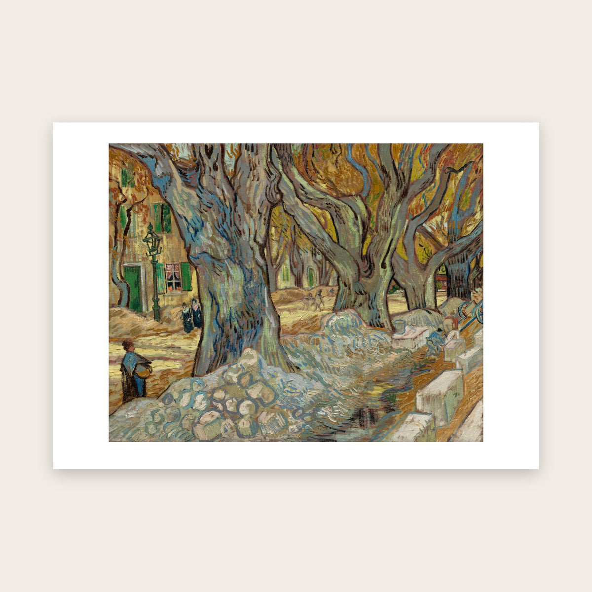 Affiche Les Paveurs d'après Van Gogh : platanes géants, feuillage doré, ouvriers et tas de sable, marge blanche