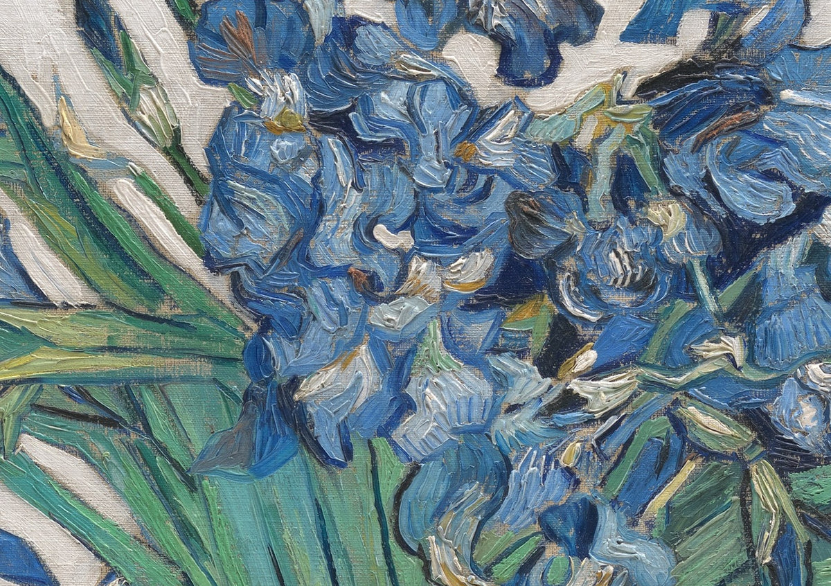 Détail des Iris (Van Gogh) : pétales bleus empâtés aux cœurs blancs et jaunes, entre de longues feuilles vertes