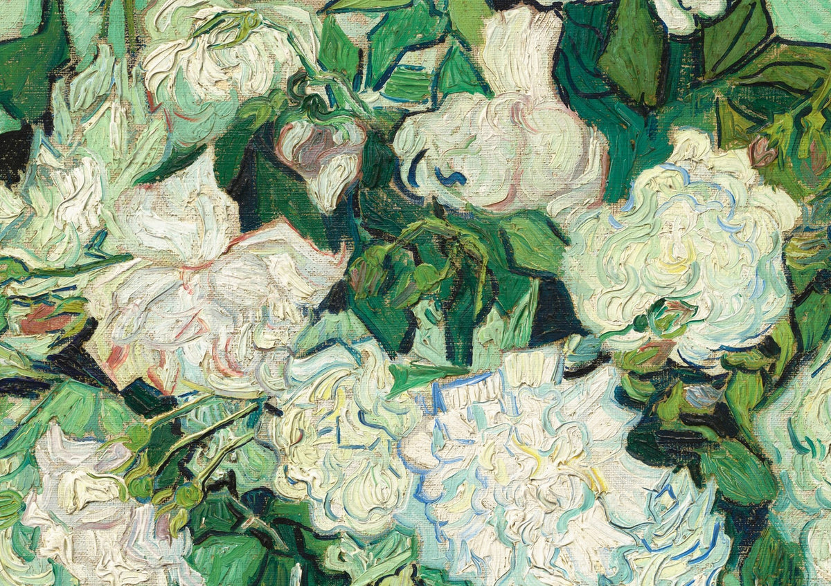 Détail de Roses (Van Gogh) : roses blanc crémeux aux pétales en relief, à peine rosées, entre des feuilles vert sombre