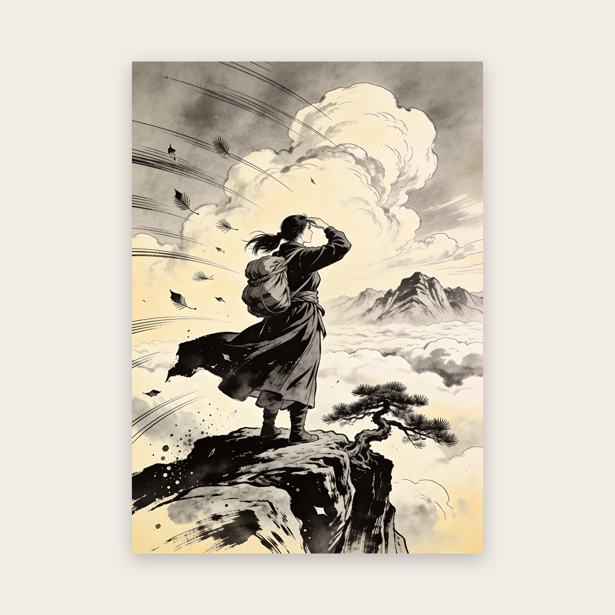 Affiche style manga noir et blanc : voyageuse au bord d'une falaise, main en visière, manteau soulevé par le vent au-dessus d'une mer de nuages