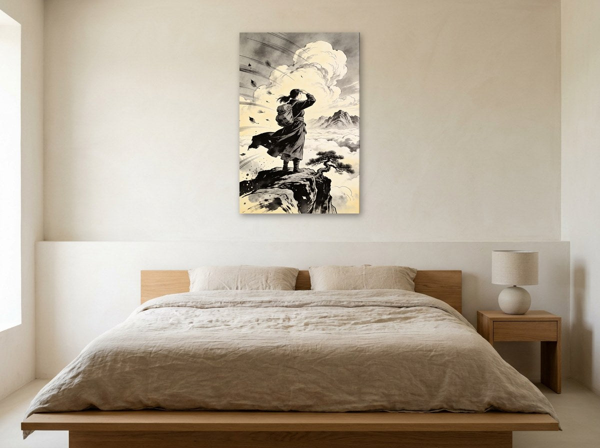 Mise en situation : toile de la voyageuse dans le vent au-dessus d'un lit en bois clair au linge écru, sur un mur crème
